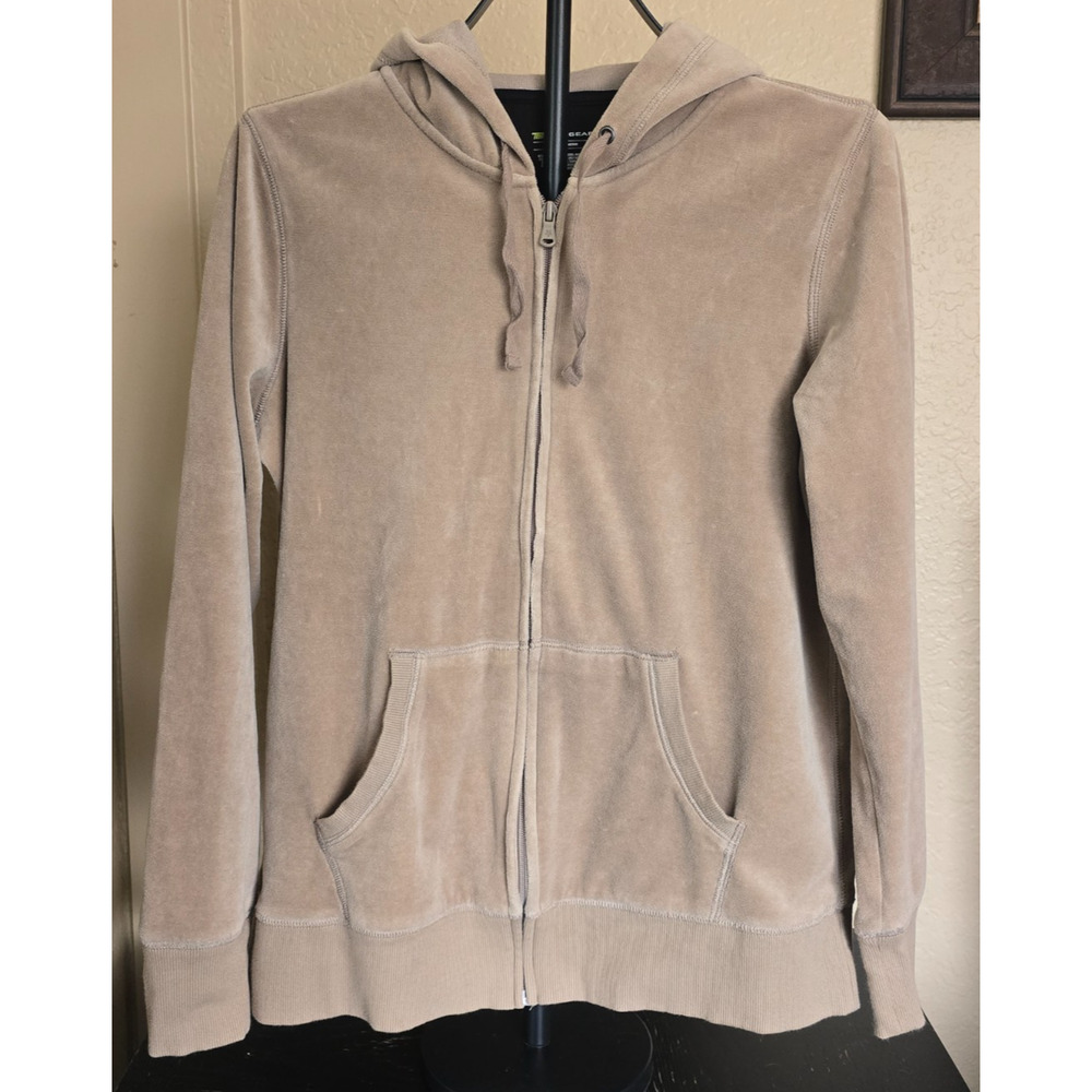 Vintage Y2K Beige Velour Hoodie Track Jacket Women's Large Tek Gear Very Soft